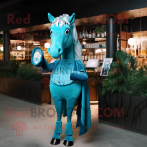 Turquoise Horse mascot costume character dressed with a Cocktail Dress and Gloves