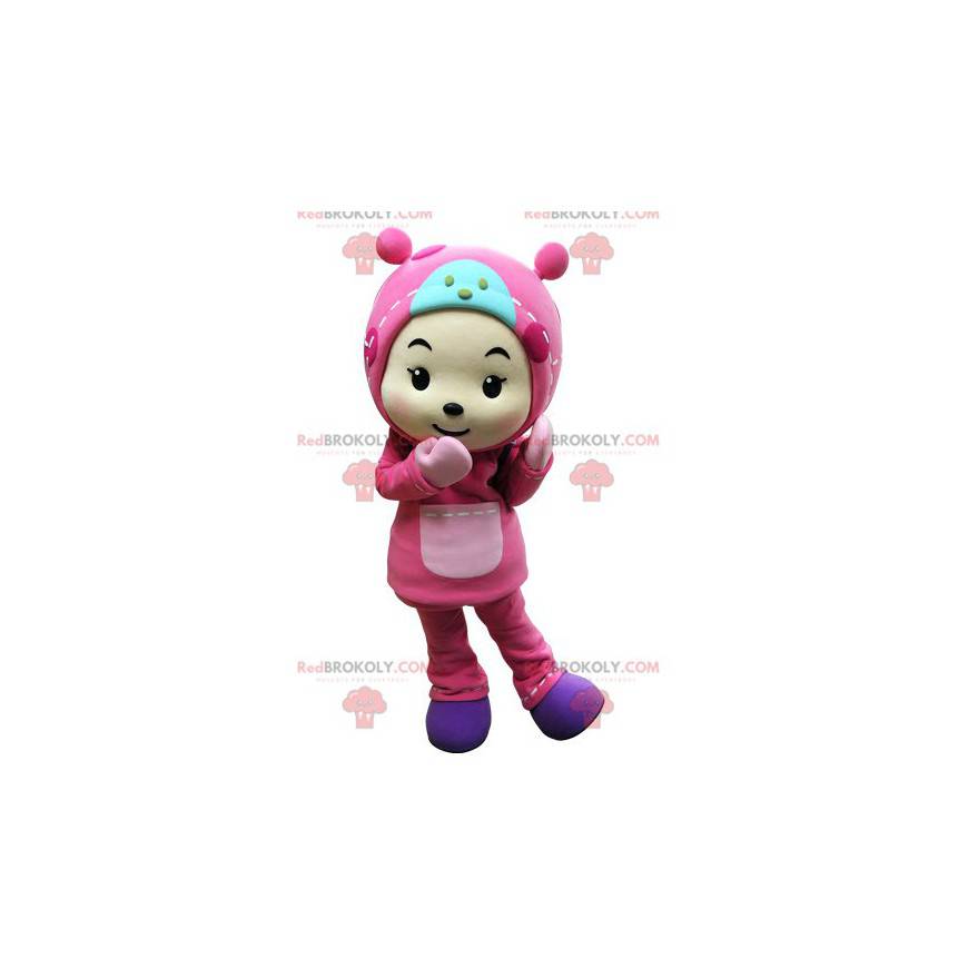 Dětský maskot oblečený celý v růžové barvě s kapucí -