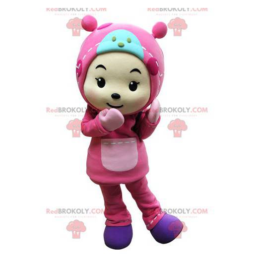 Criança mascote vestida de rosa com capuz - Redbrokoly.com