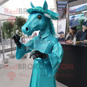 Turquoise Horse mascot costume character dressed with a Cocktail Dress and Gloves