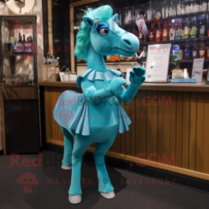 Turquoise Horse mascot costume character dressed with a Cocktail Dress and Gloves