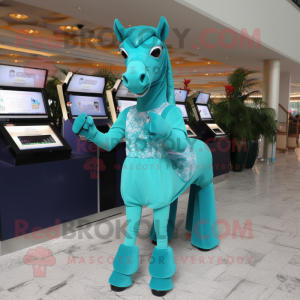 Turquoise Horse mascot costume character dressed with a Cocktail Dress and Gloves