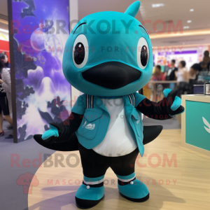 Turquoise Killer Whale mascot costume character dressed with a Mini Skirt and Backpacks