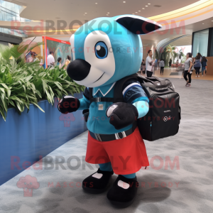 Turquoise Killer Whale mascot costume character dressed with a Mini Skirt and Backpacks