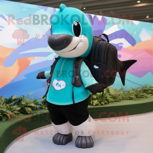 Turquoise Killer Whale mascot costume character dressed with a Mini Skirt and Backpacks