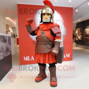 Red Roman Soldier mascot costume character dressed with a Moto Jacket and Clutch bags