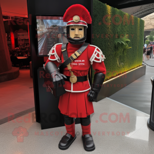 Red Roman Soldier mascot costume character dressed with a Moto Jacket and Clutch bags