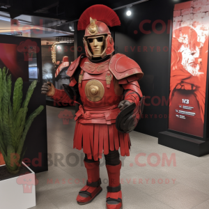 Red Roman Soldier mascot costume character dressed with a Moto Jacket and Clutch bags