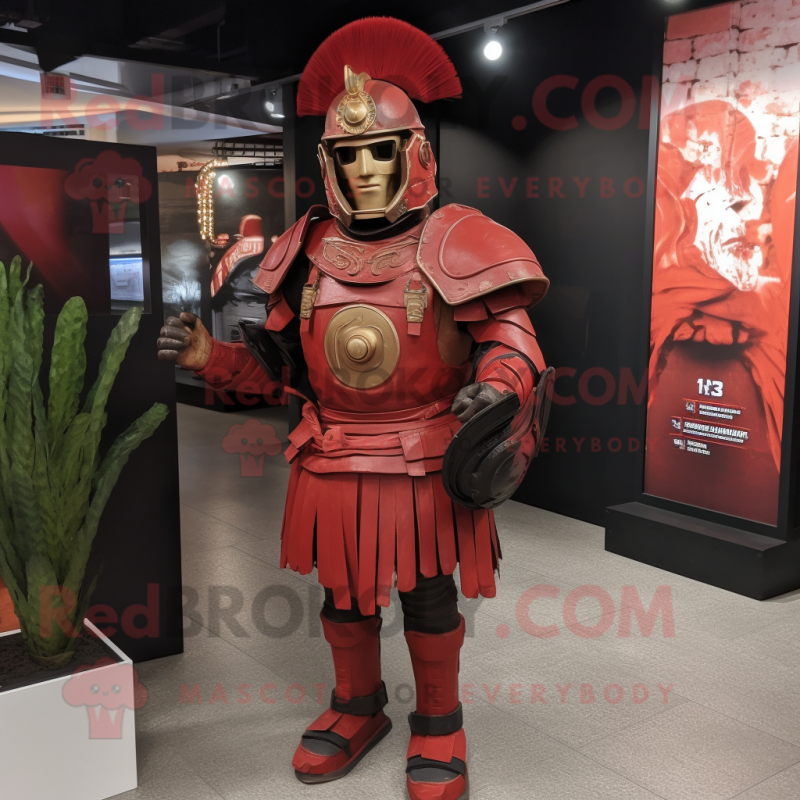Red Roman Soldier mascot costume character dressed with a Moto Jacket and Clutch bags