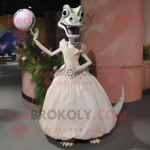 Cream Dimorphodon mascot costume character dressed with a Ball Gown and Handbags