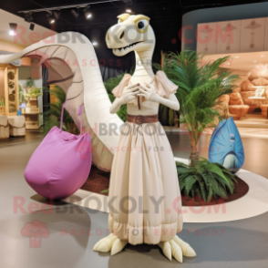 Cream Dimorphodon mascot costume character dressed with a Ball Gown and Handbags