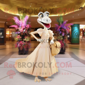 Cream Dimorphodon mascot costume character dressed with a Ball Gown and Handbags