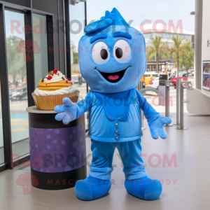 Blue Cupcake mascot costume character dressed with a Overalls and Wallets