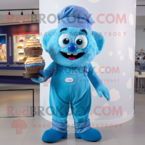 Blue Cupcake mascot costume character dressed with a Overalls and Wallets