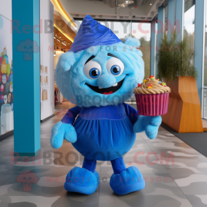 Blue Cupcake mascot costume character dressed with a Overalls and Wallets