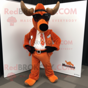 Rust Moose mascot costume character dressed with a Blazer and Sunglasses
