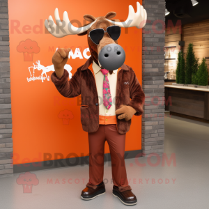 Rust Moose mascot costume character dressed with a Blazer and Sunglasses