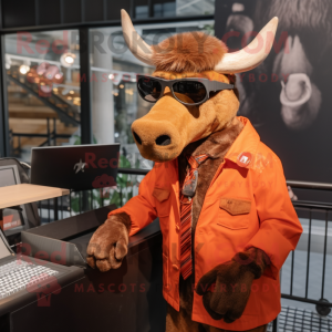 Rust Moose mascot costume character dressed with a Blazer and Sunglasses