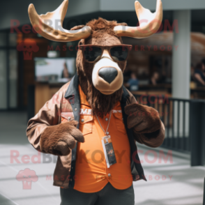 Rust Moose mascot costume character dressed with a Blazer and Sunglasses