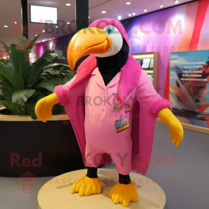 Pink Toucan mascot costume character dressed with a Jacket and Shawl pins