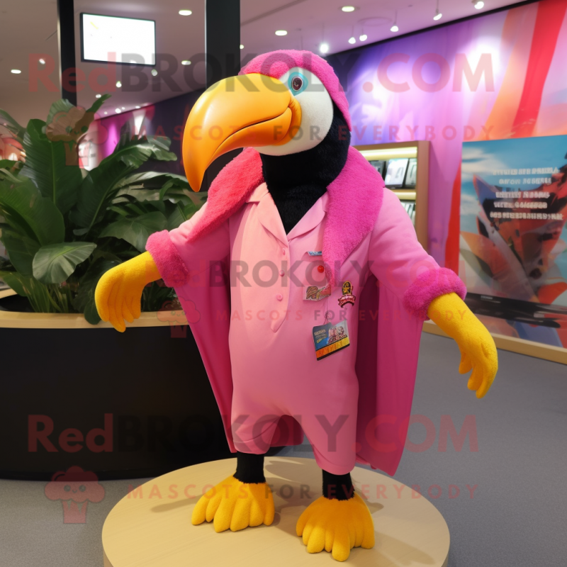 Pink Toucan mascot costume character dressed with a Jacket and Shawl pins Pink Toucan mascot costume character dressed with a Jacket and Shawl pins