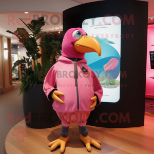 Pink Toucan mascot costume character dressed with a Jacket and Shawl pins