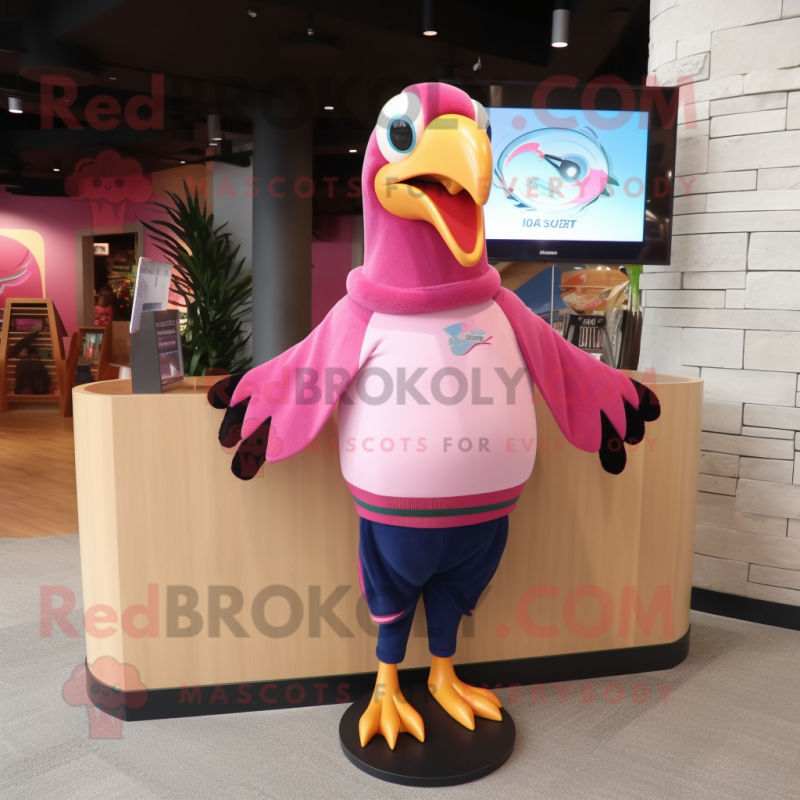 Pink Toucan mascot costume character dressed with a Jacket and Shawl pins Pink Toucan mascot costume character dressed with a Jacket and Shawl pins