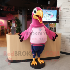 Pink Toucan mascot costume character dressed with a Jacket and Shawl pins