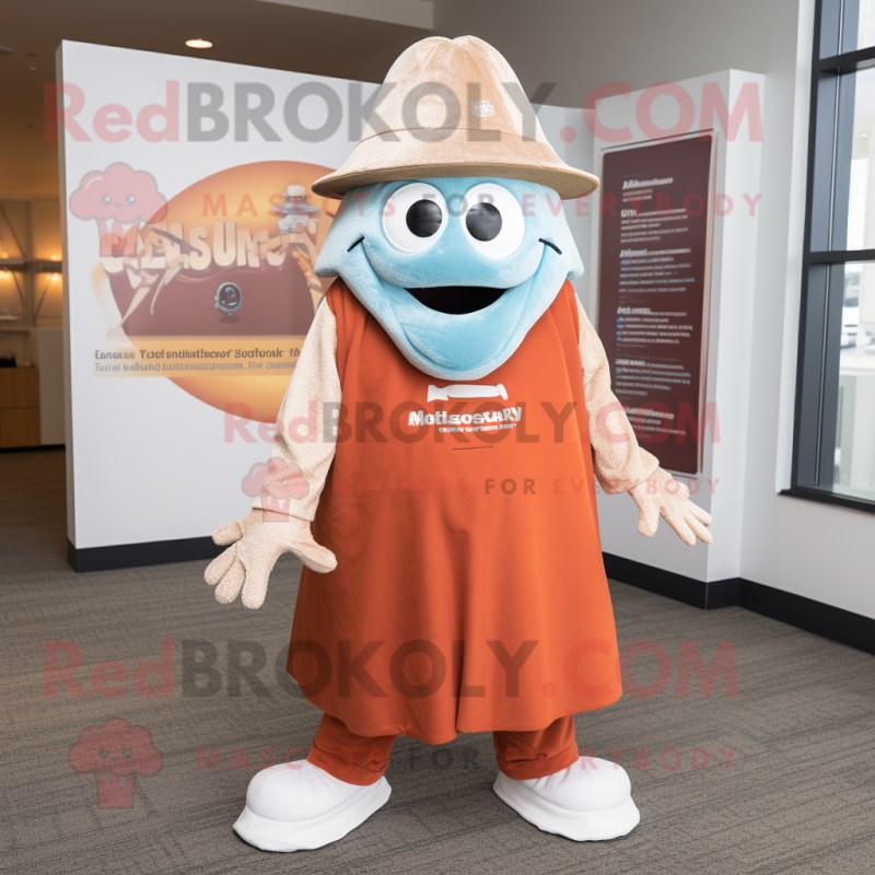 Rust Clam Chowder mascot costume character dressed with a Jumpsuit and Hat pins Rust Clam Chowder mascot costume character dressed with a Jumpsuit and Hat pins