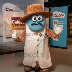 Rust Clam Chowder mascot costume character dressed with a Jumpsuit and Hat pins