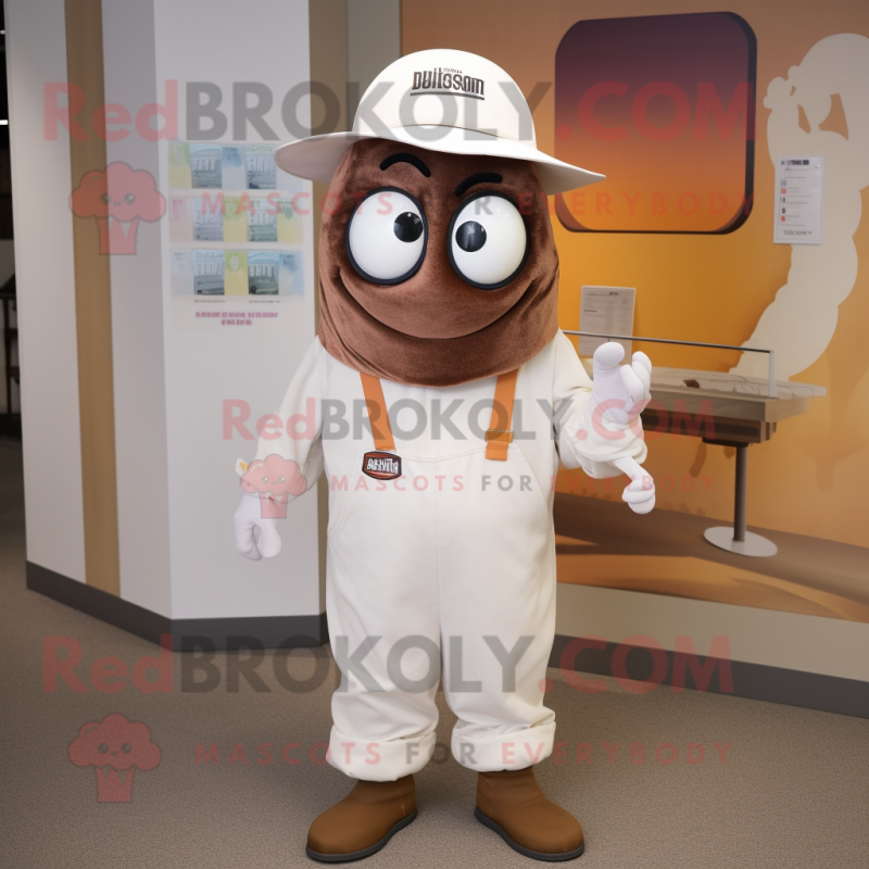 Rust Clam Chowder mascot costume character dressed with a Jumpsuit and Hat pins