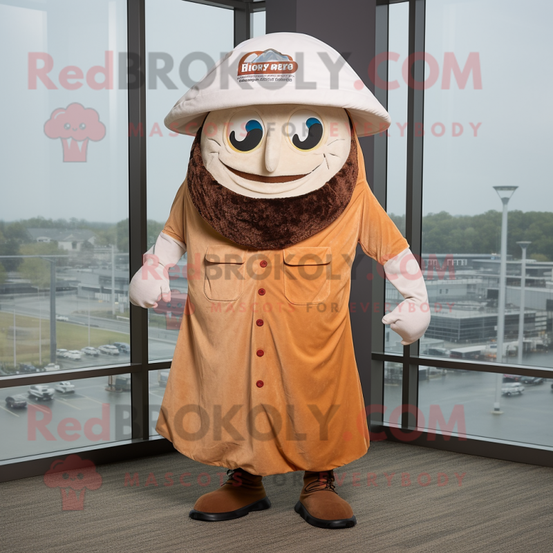 Rust Clam Chowder mascot costume character dressed with a Jumpsuit and Hat pins Rust Clam Chowder mascot costume character dressed with a Jumpsuit and Hat pins