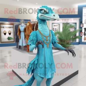 Cyan Deinonychus mascot costume character dressed with a Maxi Dress and Earrings