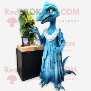 Cyan Deinonychus mascot costume character dressed with a Maxi Dress and Earrings