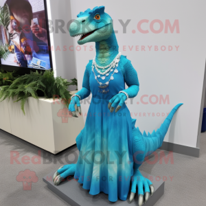 Cyan Deinonychus mascot costume character dressed with a Maxi Dress and Earrings