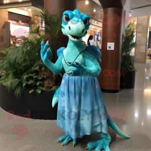 Cyan Deinonychus mascot costume character dressed with a Maxi Dress and Earrings