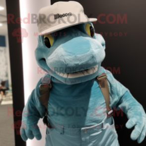 Turquoise Komodo Dragon mascot costume character dressed with a Overalls and Hat pins