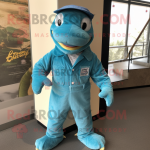 Turquoise Komodo Dragon mascot costume character dressed with a Overalls and Hat pins