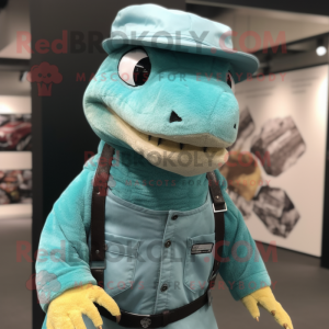 Turquoise Komodo Dragon mascot costume character dressed with a Overalls and Hat pins
