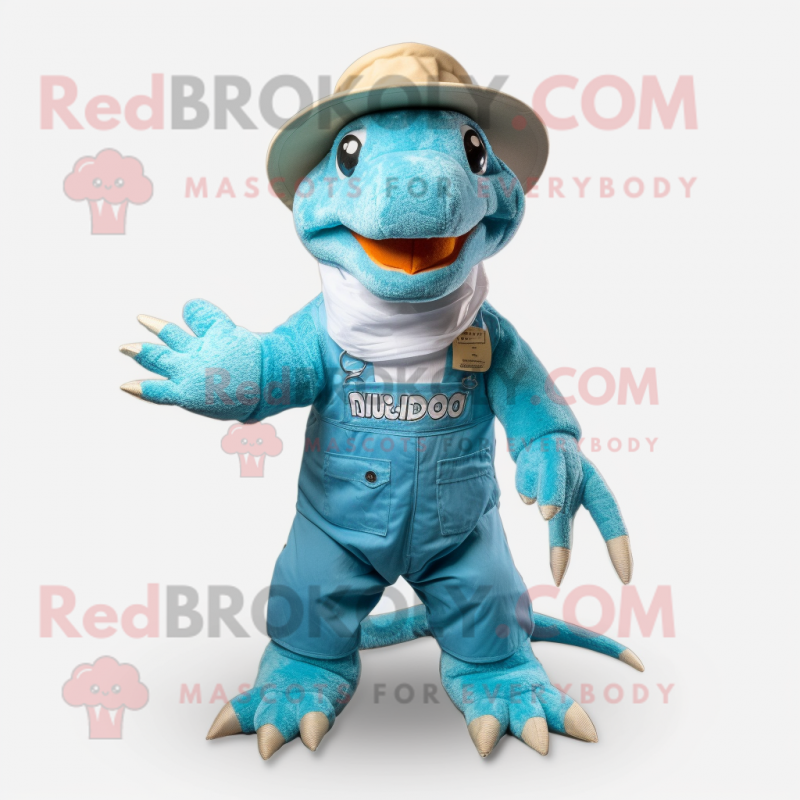 Turquoise Komodo Dragon mascot costume character dressed with a Overalls and Hat pins