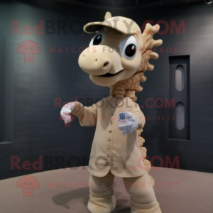 Beige Seahorse mascot costume character dressed with a Baseball Tee and Hair clips