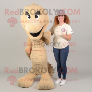 Beige Seahorse mascot costume character dressed with a Baseball Tee and Hair clips