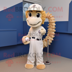 Beige Seahorse mascot costume character dressed with a Baseball Tee and Hair clips