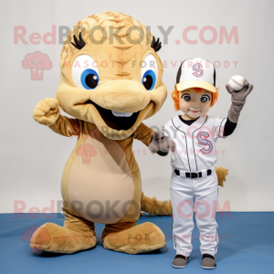 Beige Seahorse mascot costume character dressed with a Baseball Tee and Hair clips