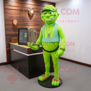 Lime Green Attorney mascot costume character dressed with a Dungarees and Bracelet watches