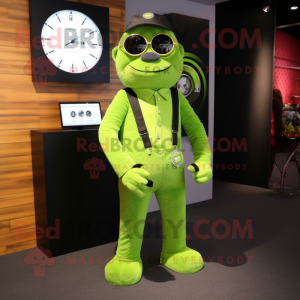 Lime Green Attorney mascot costume character dressed with a Dungarees and Bracelet watches