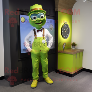 Lime Green Attorney mascot costume character dressed with a Dungarees and Bracelet watches
