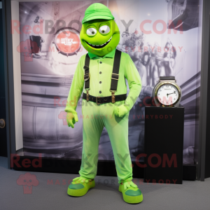 Lime Green Attorney mascot costume character dressed with a Dungarees and Bracelet watches