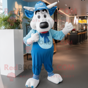 Blue Cow mascot costume character dressed with a Trousers and Pocket squares
