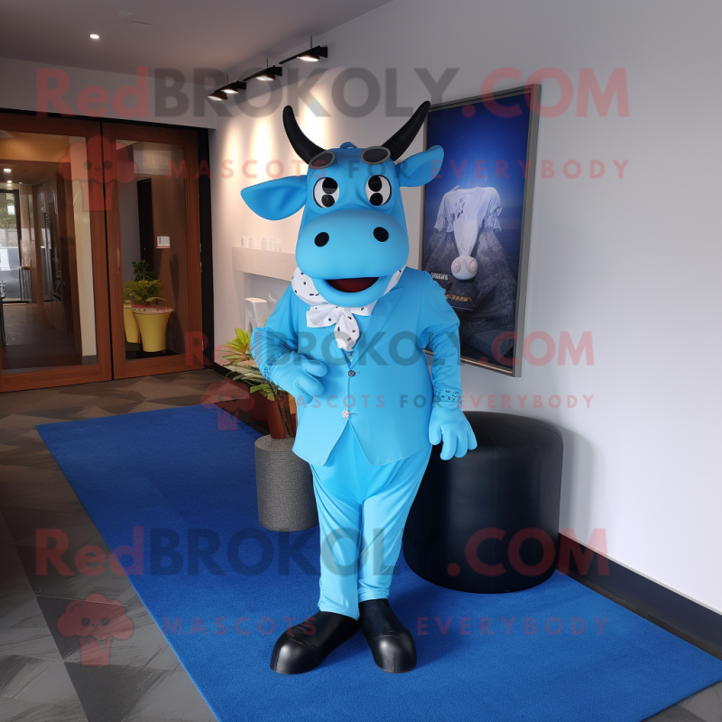 Blue Cow mascot costume character dressed with a Trousers and Pocket squares